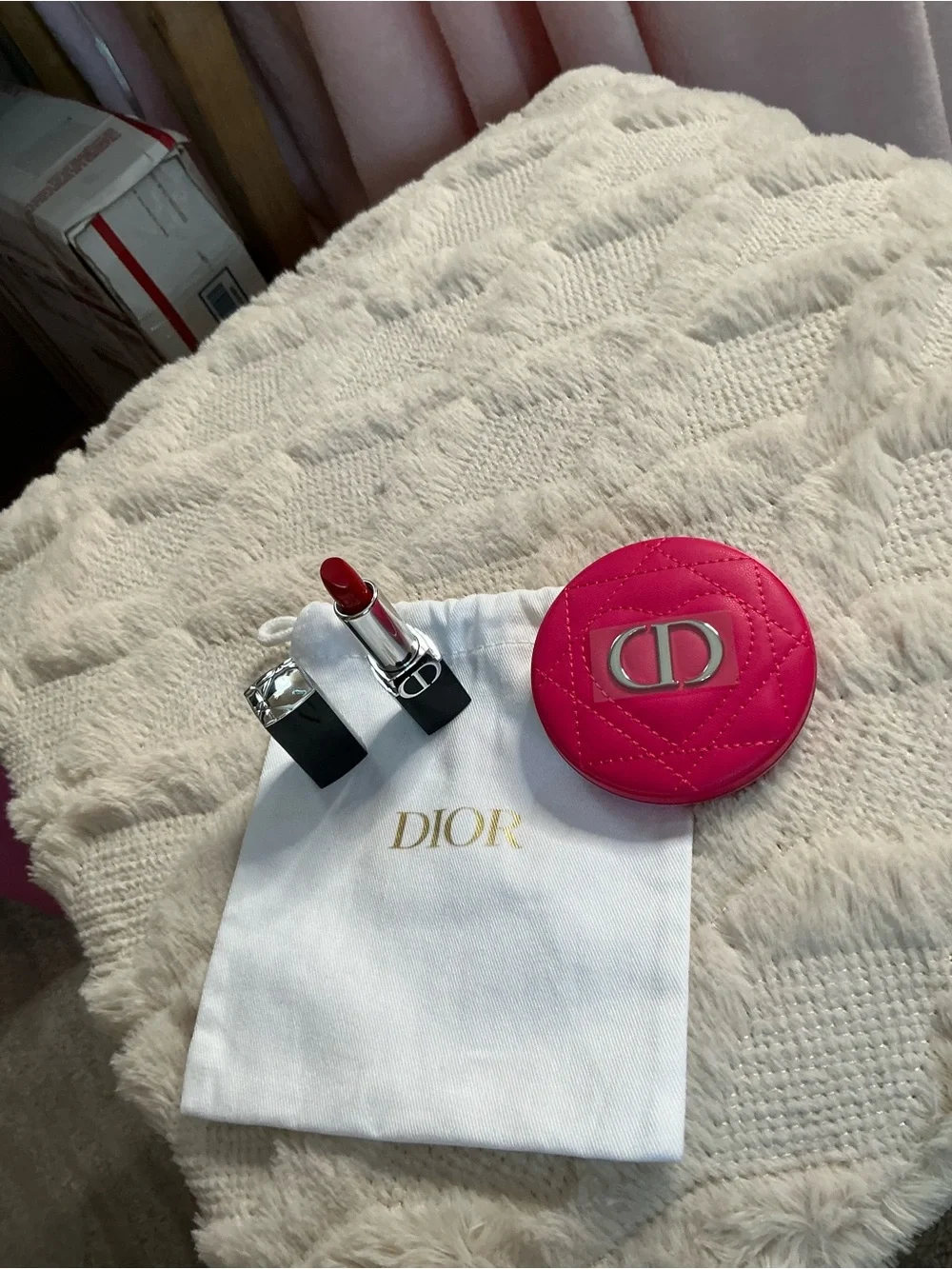 Dior Hot Pink Quilted Compact Mirror with Red Lipstick